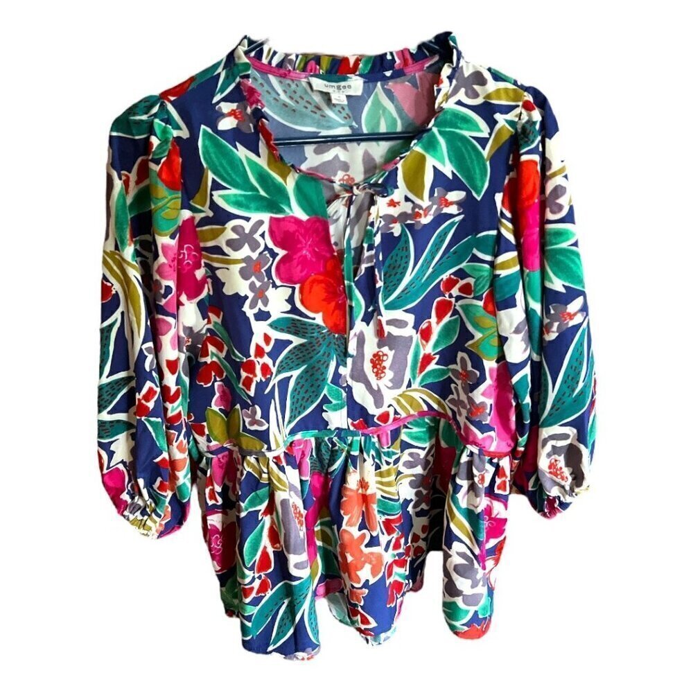 Umgee Boho Colorful Floral Oversized Boxy Peplum Hem Puff Sleeve Shirt Sz Small